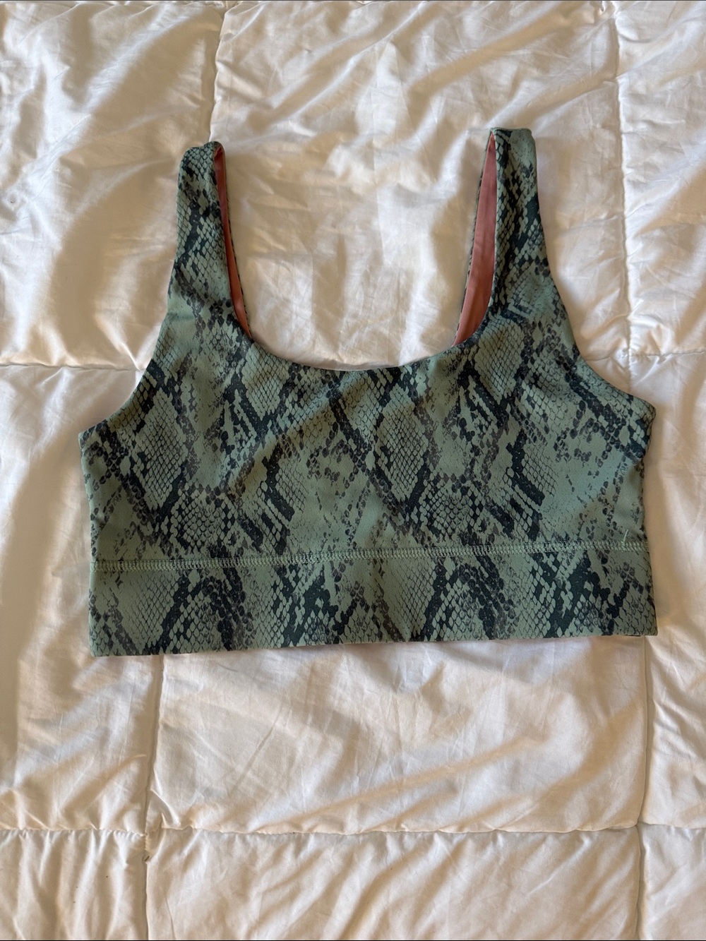 Fabletics Olive Green Snake-Print Sports Bra/ reversible Rose